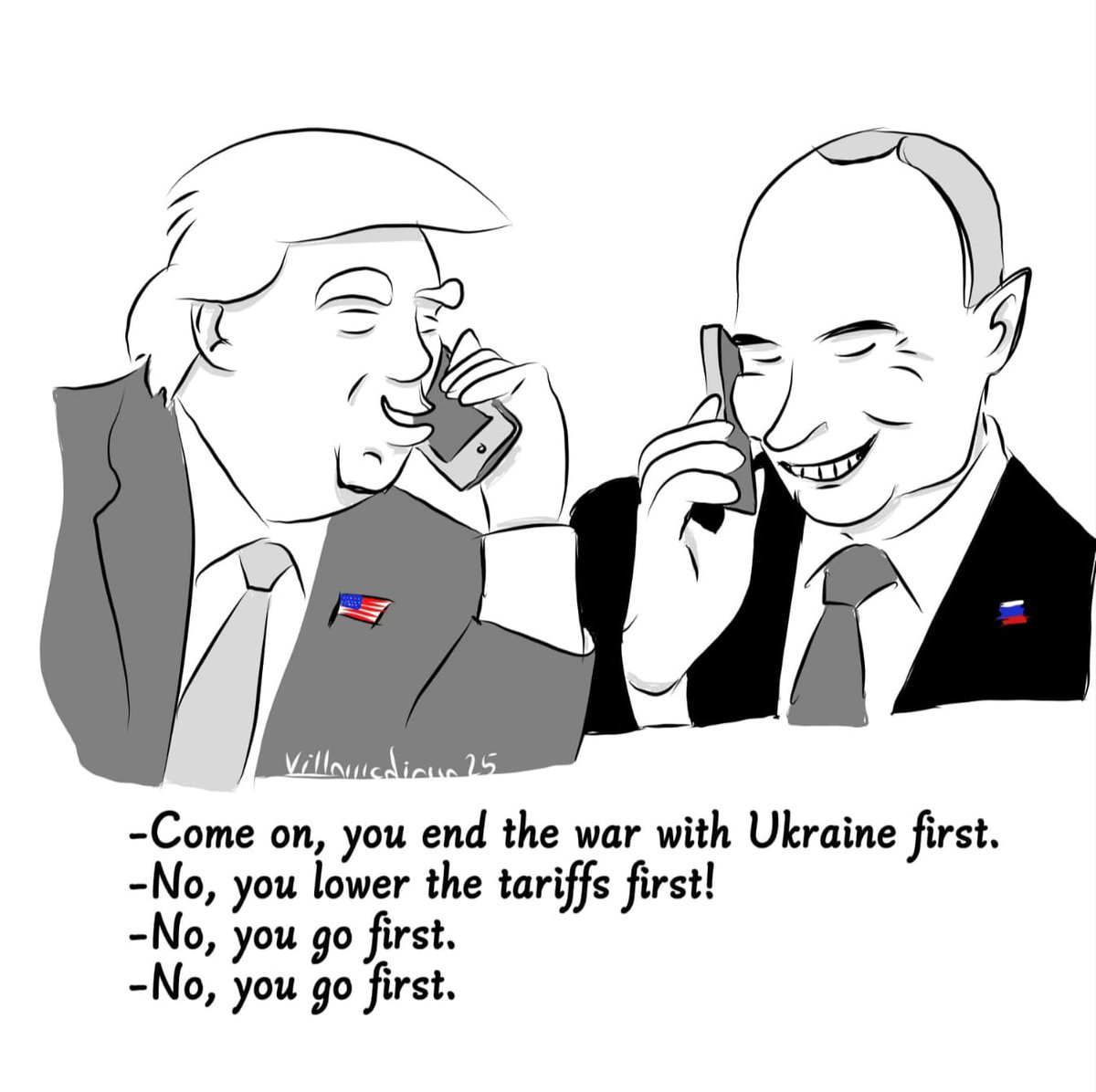 -Venga, termina la guerra de Ucrania tú primero.
-No, baja tú los aranceles antes. 
-No, tú primero.
No, tú primero.
#trump #putin #ukraine #war 
#comicstrip #cartoon #caricature #digitalart #ipad @medibangofficial #humorgrafico #caricatura