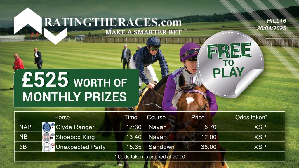 My #RTRNaps are:

Glyde Ranger @ 17:30
Shoebox King @ 13:40
Unexpected Party @ 15:35

Sponsored by <a href="/RatingTheRaces/">RatingTheRaces</a> - Enter for FREE here: bit.ly/NapCompFreeEnt…