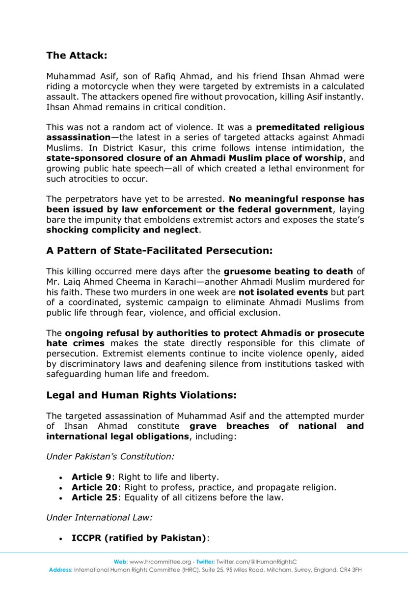 IHumanRightsC's tweet photo. 🚨 INCIDENT REPORT

Second Ahmadi Muslim Assassinated in One Week in Pakistan: Religious Hate Crimes Intensify Amid Alarming State Complicity. https://t.co/R2YyHsqpxk