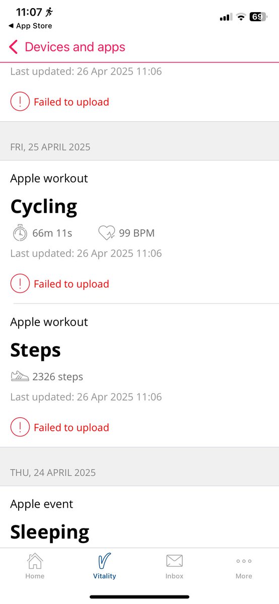 GregRedd_'s tweet photo. @Vitality_SA having issues getting workouts to upload for the past 2 days. Have tried multiple times. “Failed to upload” each time. Delinked and relinked Apple Health app, resynced, checked permissions, etc.

On iOS 18.4.1, Disco app v2025.04.20 updated yesterday https://t.co/CqzQunBiCN