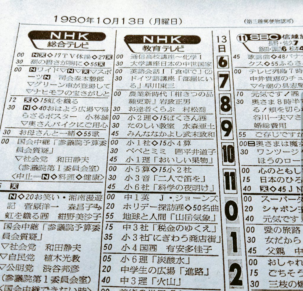 んぺな #多忙ページ 1980年10月13日月曜日の番組欄