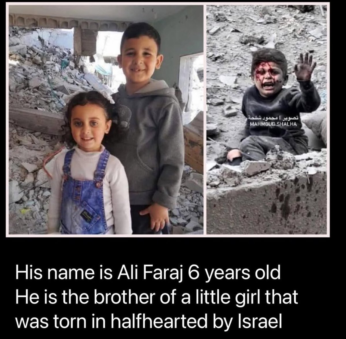 The last picture taken of him and his sister was in their bombed out home in Gaza.

Days later his sister is literally in 2 pieces and his other 4 sisters also murdered along with his father.

Just him and his mother now remain from a family of 7.

Europe arms this