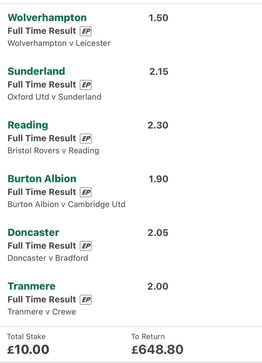 Go_Collect's tweet photo. The #Pick6 football selections in the acca this week are:
@Go_Collect Doncaster
@billchampion Burton
@willmetcalfe01 Reading
@Rob2DBarker Sunderland
@RobbieProuse Wolves
@DeanHerbert1 Tranmere
Best price @Betfred 66/1, worst price @SkyBet 53/1 
#GoCollect https://t.co/iW3F9YjzBe