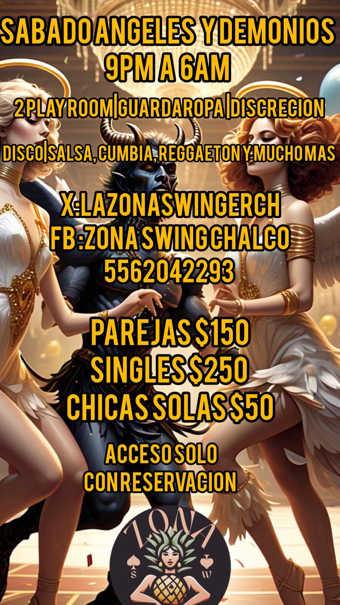 LaZonaSwingerch's tweet photo. Sabado noche de ángeles (mujeres de blanco) y demonios (hombres de negro) Zona Swinger, nos ubicamos en Chalco Centro, seguridad, discreción y privacidad. Reserva tu lugar cupo limitado. https://t.co/OjYpPgzZh5