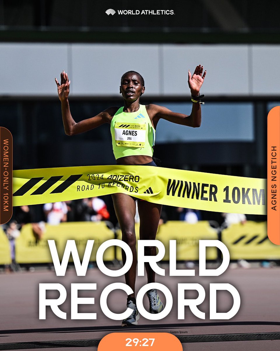 Historic 👏 

🇰🇪’s Agnes Ngetich smashes the women-only 10km world record in Herzogenaurach 🔥 

She clocks 29:27* to become the first woman to ever break 30 minutes in a women-only race 💪 

*subject to the usual ratification procedures