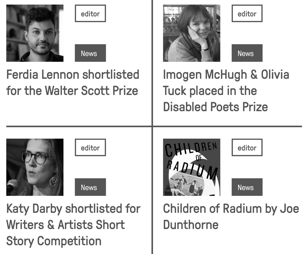 New Writing (@newwritingnet) on Twitter photo More UEA #CreativeWriting news!
newwriting.net/category/news
Ferdia Lennon shortlisted for Walter Scott Prize
Imogen McHugh & Olivia Tuck placed in the Disabled Poets Prize
Katy Darby shortlisted for Writers & Artists Short Story Competition
Children of Radium by <a href="/joedunthorne/">joe dunthorne</a> More UEA #CreativeWriting news!
newwriting.net/category/news
Ferdia Lennon shortlisted for Walter Scott Prize
Imogen McHugh & Olivia Tuck placed in the Disabled Poets Prize
Katy Darby shortlisted for Writers & Artists Short Story Competition
Children of Radium by <a href="/joedunthorne/">joe dunthorne</a>