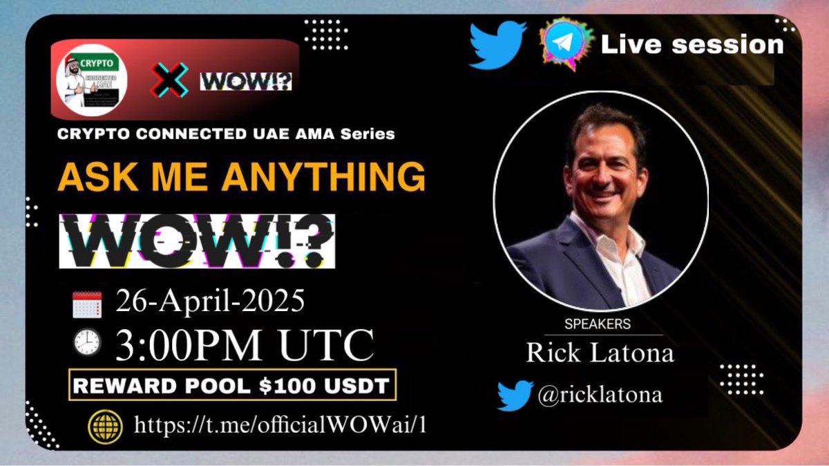 We're thrilled to invite our special guests Rick Latona <a href="/RickLatona/">Rick Latona</a> is upcoming TG AMA with <a href="/OfficialWOWai/">WOW!?</a> 
Date: Saturday 26 April 2025
Time: 3:00PM UTC TIME
Venue: t.me/Crypto_Connect…

PS:Come along with your questions,a 100$ community reward awaits 🤑