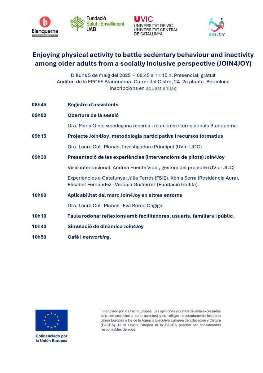 UVic-UCC (@uvic_ucc) on Twitter photo 📝 AGENDA | Acte de clausura del Projecte Join4Joy
📅 5.05
🕓 8.45 h - 11.15 h
📍 Barcelona (Auditori de la Facultat de Psicologia, Ciències de l'Educació i l'Esport (FPCEE) Blanquerna)
👉 Més informació: uvic.cat/agenda/acte-de… 📝 AGENDA | Acte de clausura del Projecte Join4Joy
📅 5.05
🕓 8.45 h - 11.15 h
📍 Barcelona (Auditori de la Facultat de Psicologia, Ciències de l'Educació i l'Esport (FPCEE) Blanquerna)
👉 Més informació: uvic.cat/agenda/acte-de…