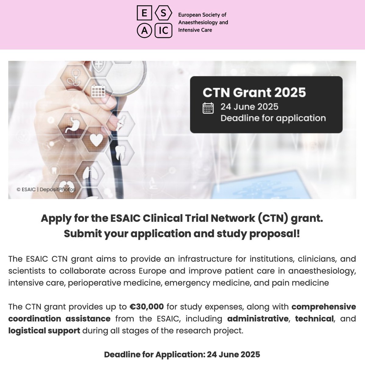 ESAICTraineeN's tweet image. 🚀 Apply for the ESAIC Clinical Trial Network (CTN) Grant! 🚀
📅 Deadline for Application: 24 June 2025

📝 Submit your application and study proposal today! | 
esaic.org/research/grant…

#CTNGrant #ESAIC #ESAICTN #ESAICTraineeNetwork #ESAICTrainees #Anesthesiology #ICU 

1/N