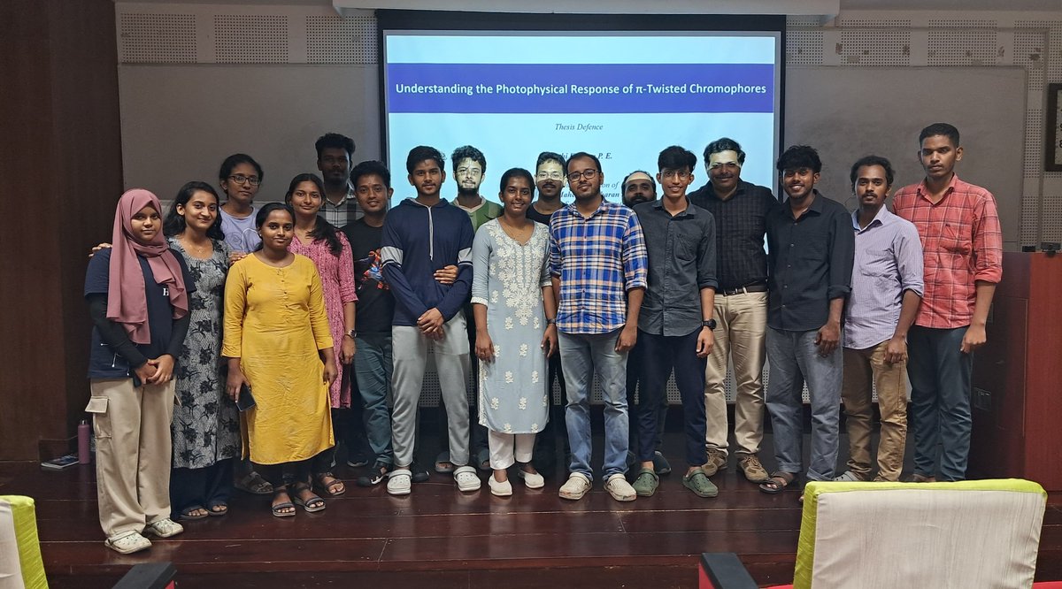 Hariharan Group (@grouphariharan) on Twitter photo Happy to share that our PhD student Swathi Krishna P. E. <a href="/swathikrishnape/">SWATHIKRISHNA</a> successfully defended her thesis titled "Understanding the Photophysical Response of π-Twisted Conjugated Chromophores."
Congratulations, Dr. Swathi! 🥳 <a href="/Chemie_iisertvm/">School of Chemistry IISER TVM</a>
#PhDDefense #MolecularPhotophysics Happy to share that our PhD student Swathi Krishna P. E. <a href="/swathikrishnape/">SWATHIKRISHNA</a> successfully defended her thesis titled "Understanding the Photophysical Response of π-Twisted Conjugated Chromophores."
Congratulations, Dr. Swathi! 🥳 <a href="/Chemie_iisertvm/">School of Chemistry IISER TVM</a>
#PhDDefense #MolecularPhotophysics