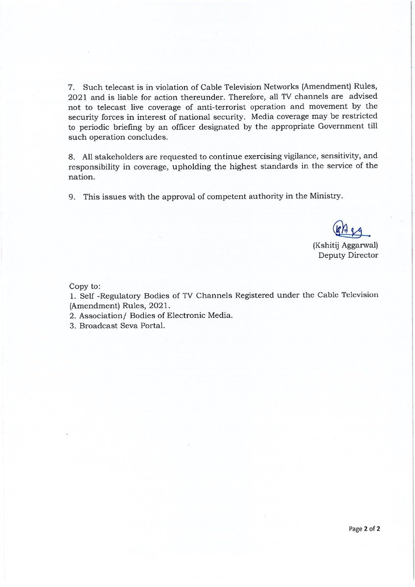 Ministry of Information and Broadcasting (<a href="/MIB_India/">Ministry of Information and Broadcasting</a>) issues advisory to all Media channels to refrain from showing live coverage of defence operations and movement of security forces in the interest of national security.

#NationalSecurity