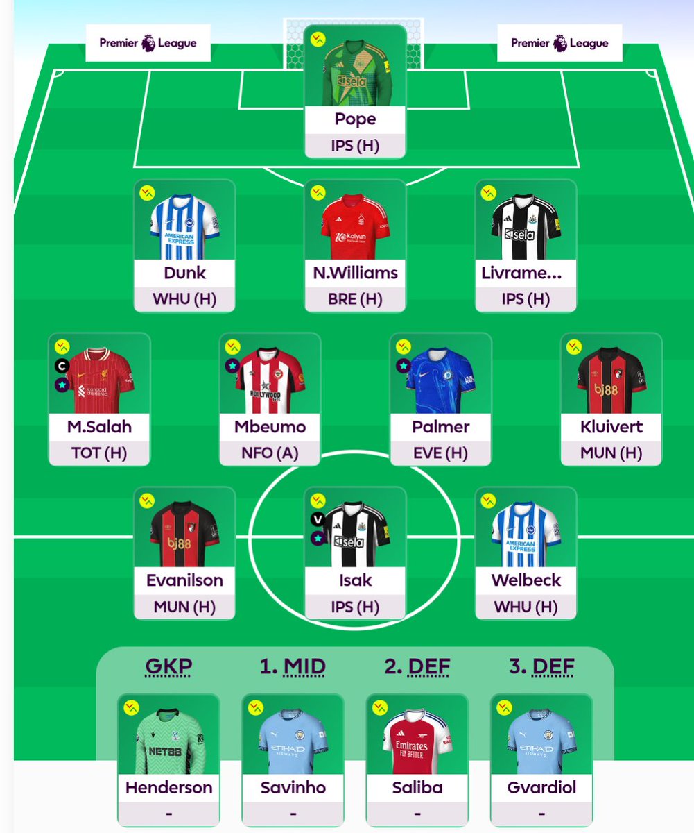 GW34

OR: 203k
Salah (C)

Eze/Sarr/Omar/JP -> Mbeumo/Kluivert/Evan/Welbeck

First -4 ond it's for... whatever this is.

Think I done fucked up selling Marmoush and not Sav but whatever it's been getting sloppy. Finish line in sight. 

Good luck all