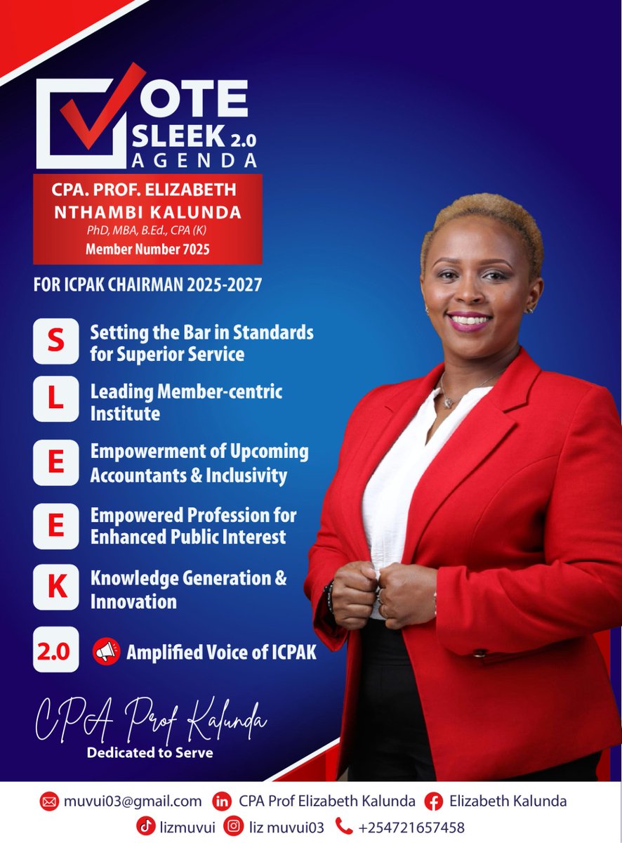 SokoAnalyst's tweet photo. Meet CPA Prof. Elizabeth Nthambi Kalunda, a Doctor of Business Administration (Banking), holds an MBA (Accounting) from the University of Nairobi and a Bachelor of Education from Moi University. A Certified Public Accountant (CPA-K) since 2003 and a Certified Public Mediator, she embodies the rare blend of academic excellence and practical wisdom. #KalundaForChair https://t.co/FNgmhQedUZ