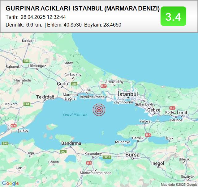 GURPINAR ACIKLARI-ISTANBUL (MARMARA DENIZI)
Büyüklük: 3.4
Tarih:
 26.04.2025
Saat:
 12:32:44
Derinlik:
 6.6 km #deprem #MARMARADENIZI