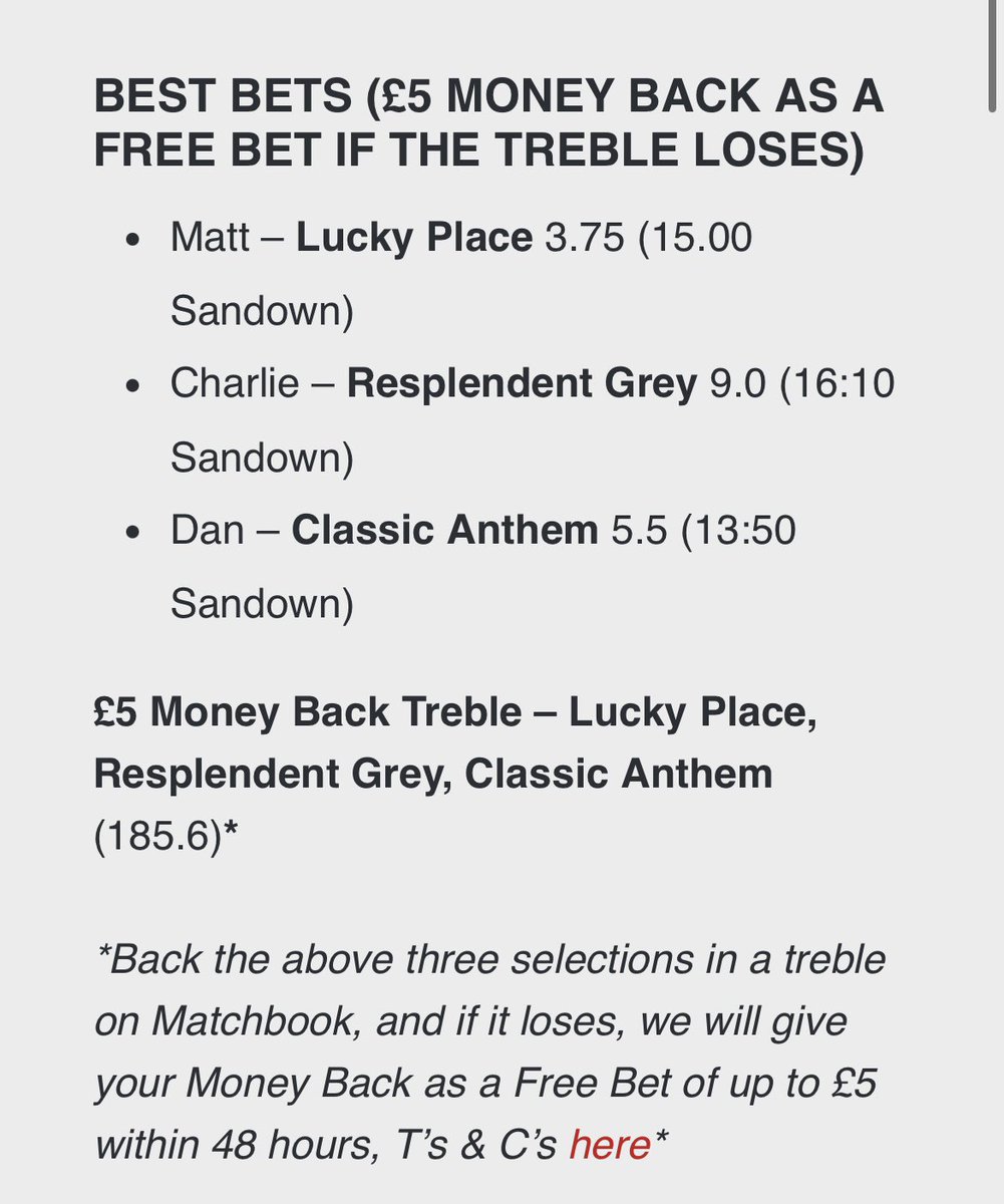 Podcast Best Bet Treble 🚨

Get your Money Back as a Free Bet, up to £5 if the treble loses on Matchbook 👇

Find out more here:
insights.matchbook.com/betting-previe…