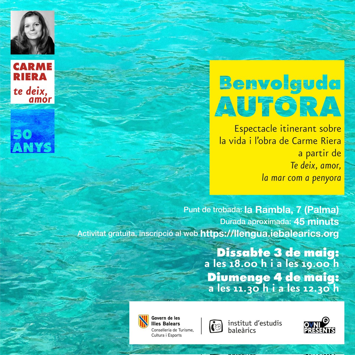 Institut d'Estudis Baleàrics (@iebalearics) on Twitter photo 📣 L’ <a href="/IEBalearics/">Institut d'Estudis Baleàrics</a> obre avui les inscripcions a l’espectacle itinerant "Benvolguda autora" 🎭 sobre la vida i l’obra de <a href="/CarmeRiera_ofic/">Carme Riera</a>, a càrrec de la companyia Ovnipresents, dramatúrgia de <a href="/MiquelMasFiol/">On és en Miquel?</a>, a partir del recull de contes "Te deix, amor, la mar com a penyora"📕🌊. 📣 L’ <a href="/IEBalearics/">Institut d'Estudis Baleàrics</a> obre avui les inscripcions a l’espectacle itinerant "Benvolguda autora" 🎭 sobre la vida i l’obra de <a href="/CarmeRiera_ofic/">Carme Riera</a>, a càrrec de la companyia Ovnipresents, dramatúrgia de <a href="/MiquelMasFiol/">On és en Miquel?</a>, a partir del recull de contes "Te deix, amor, la mar com a penyora"📕🌊.