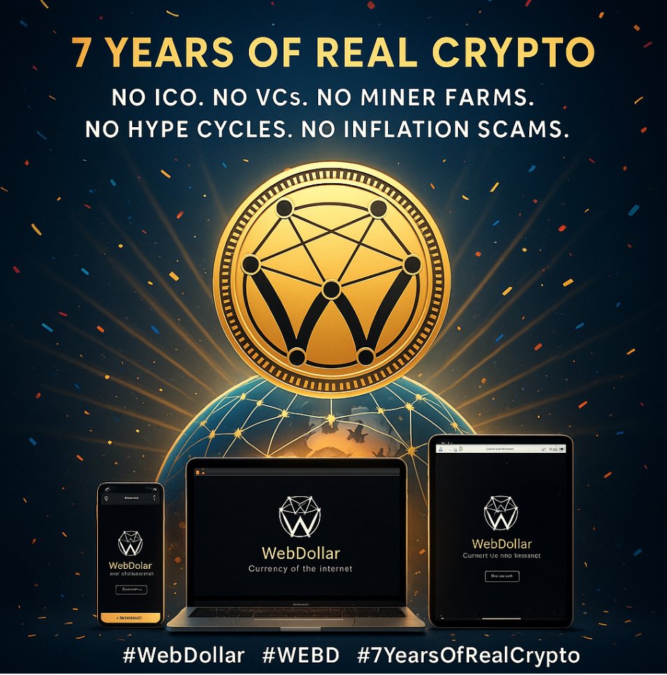 webdollarfans's tweet photo. Today, #WebDollar turns 7.

No ICO
No VCs
No #Mining  rigs
No hype cycles
No #inflation  scams
💎 7 years of pure blockchain, running in your browser.
This is how real crypto survives. 
https://t.co/Q6aapP4d6p
 #WEBD #Crypto #blockchain #Software   #CryptoGem #cryptonewsdaily https://t.co/FX1l53stAP
