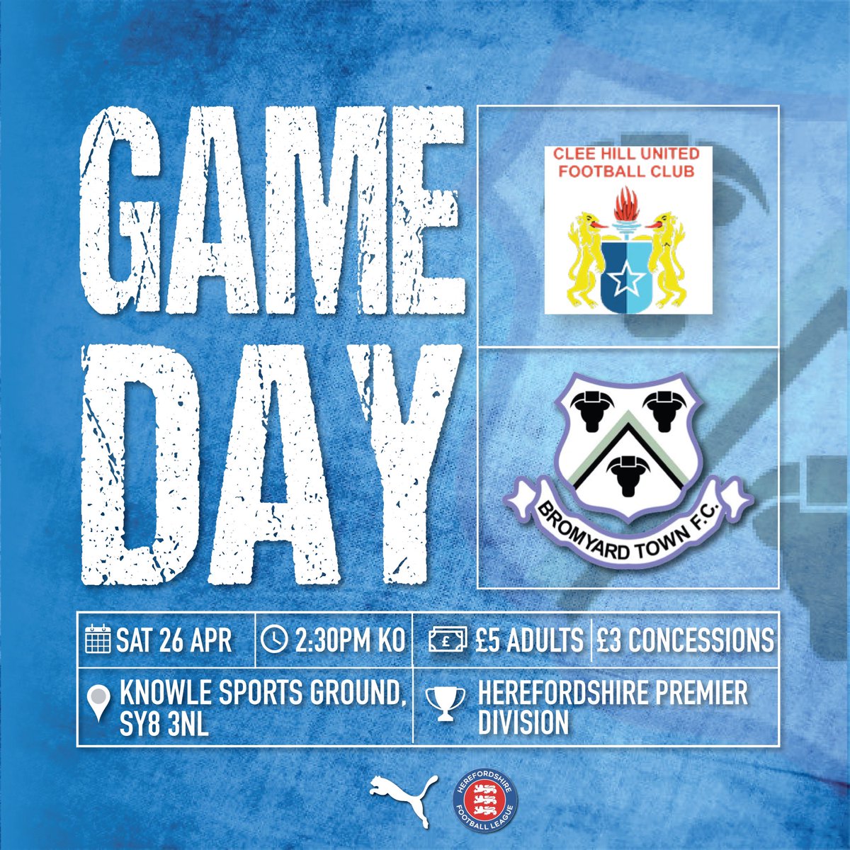 ⚽️Gameday⚽️

Our final game of the 2024/25 season. A top 3 finish is guaranteed after last nights result but 2nd spot is still all to play for

🏆Herefordshire Premier Division
🗓Saturday 26th April
⚽️Clee Hill United
🏟Knowle Sports Ground
📍SY8 3NL
⏰2:30 PM KO

Up the Yard🔵⚪️