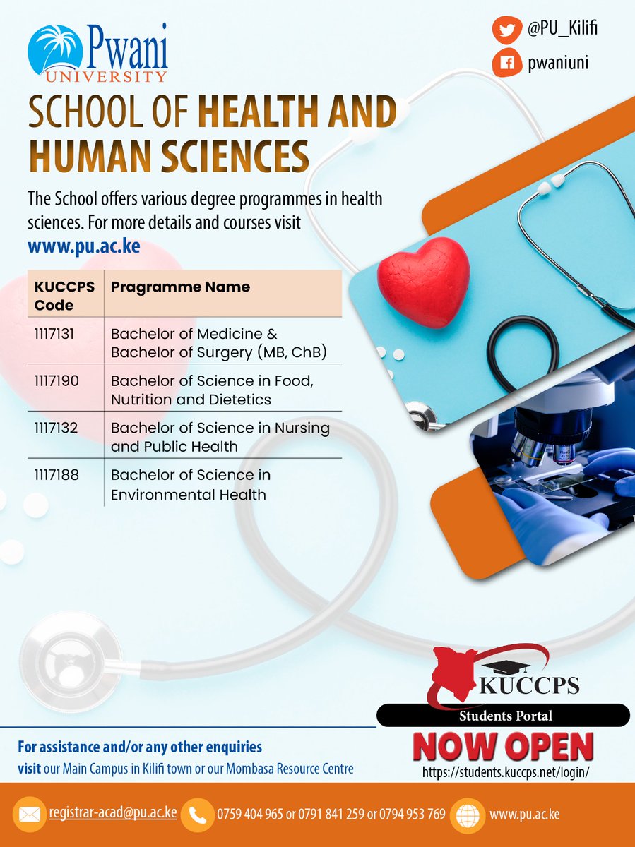 🎓2024  Form Four Leavers🌟 
At Pwani University, we offer courses across 7 dynamic schools :  Find your passion and build your future with us! 
🔗 Apply now via KUCCPS:
👉 students.kuccps.net/login
#PwaniUniversity #KCSE2024 #YourFutureAwaits #HigherEducation #DreamBig