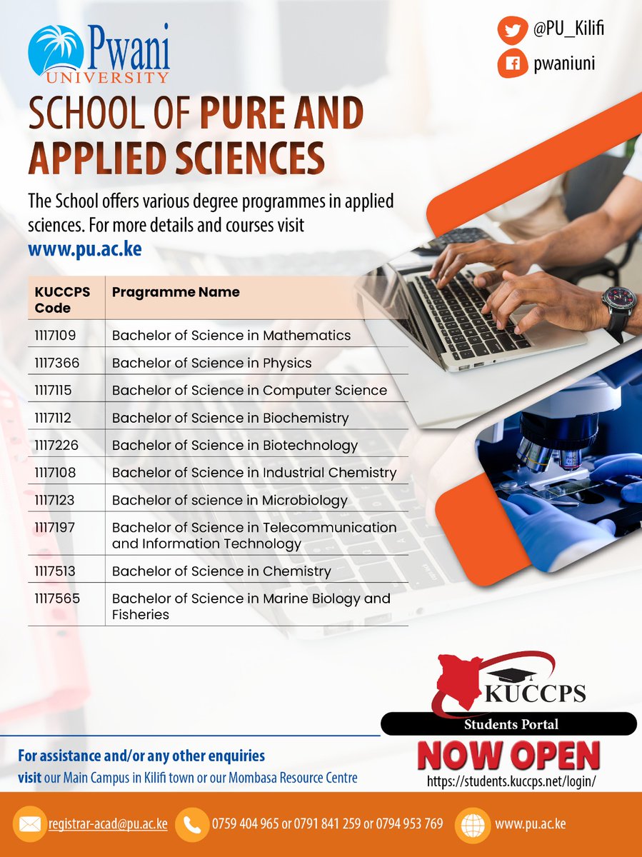 🎓2024  Form Four Leavers🌟
At Pwani University, we offer courses across 7 dynamic schools :  Find your passion and build your future with us!
🔗 Apply now via KUCCPS: 👉 students.kuccps.net/login
#PwaniUniversity #KCSE2024 #YourFutureAwaits #HigherEducation #DreamBig