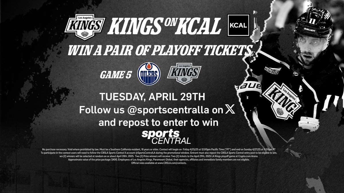 SportsCentralLA's tweet photo. 🚨GAME 5 TICKETS!!🚨

Ok... so the Kings lost, but GOOD NEWS...

We're giving away 2 pairs of tickets to Kings-Oilers Game 5 Tuesday at Crypto!

To enter, follow us here on X AND repost this giveaway

Contest ends Sunday night #GKG

Rules: https://t.co/UQckwfokM2 https://t.co/8cgglYkc91