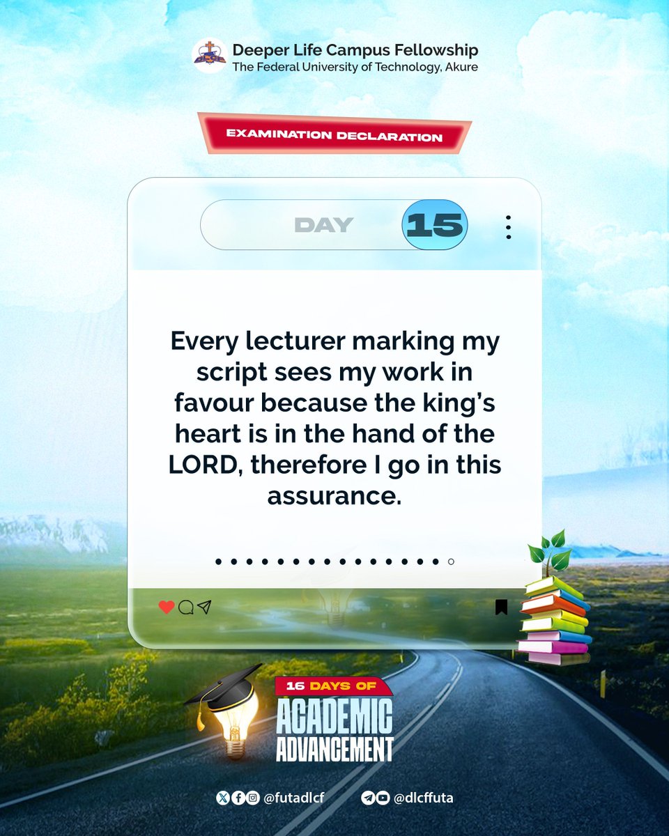 FutaDlcf's tweet photo. πExamination Day 15π₯
π‘I have the assurance that I will find favour in the sight of my lecturers because the king's heart is in the hands of the Lordπ
#ExamDeclaration #iwrite5dot #dlcffuta https://t.co/afzDYocK6D