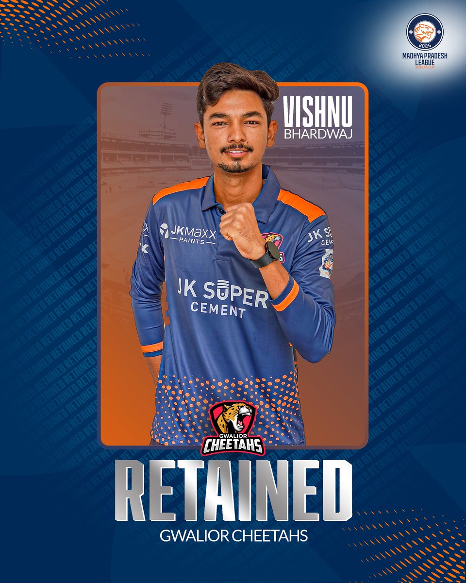 MPLeagueT20's tweet photo. Presenting Gwalior's retention list for season 2.💯

#MPLeagueT20 | #Season2 | #MadhyaPradeshLeague2025 | #RetainedPlayers | #PlayersDraft | #GwaliorCheethas https://t.co/m9hNPusGdh