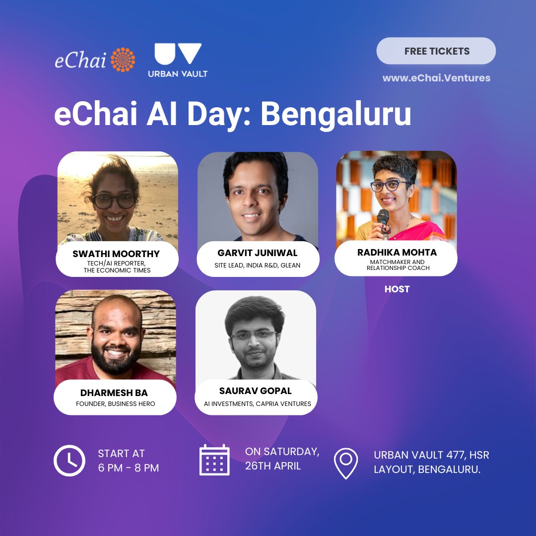 Jatin Chaudhary (@jatin10) on Twitter photo Also in Bengaluru - we’re hosting eChai AI Day today evening at <a href="/UrbanVault/">Urban Vault</a> with <a href="/kpswathi/">Swathi Moorthy</a> from ET, <a href="/GarvitJuniwal/">Garvit Juniwal</a> from Glean, <a href="/dharmeshba/">Dharmesh Ba</a> from Business Hero, and <a href="/sauravgopal98/">Saurav Gopal</a> from Capria Ventures - hosted by <a href="/radhikamohta/">🔅Radhika Mohta ❤️</a>.
Free registration at eChai.Ventures Also in Bengaluru - we’re hosting eChai AI Day today evening at <a href="/UrbanVault/">Urban Vault</a> with <a href="/kpswathi/">Swathi Moorthy</a> from ET, <a href="/GarvitJuniwal/">Garvit Juniwal</a> from Glean, <a href="/dharmeshba/">Dharmesh Ba</a> from Business Hero, and <a href="/sauravgopal98/">Saurav Gopal</a> from Capria Ventures - hosted by <a href="/radhikamohta/">🔅Radhika Mohta ❤️</a>.
Free registration at eChai.Ventures