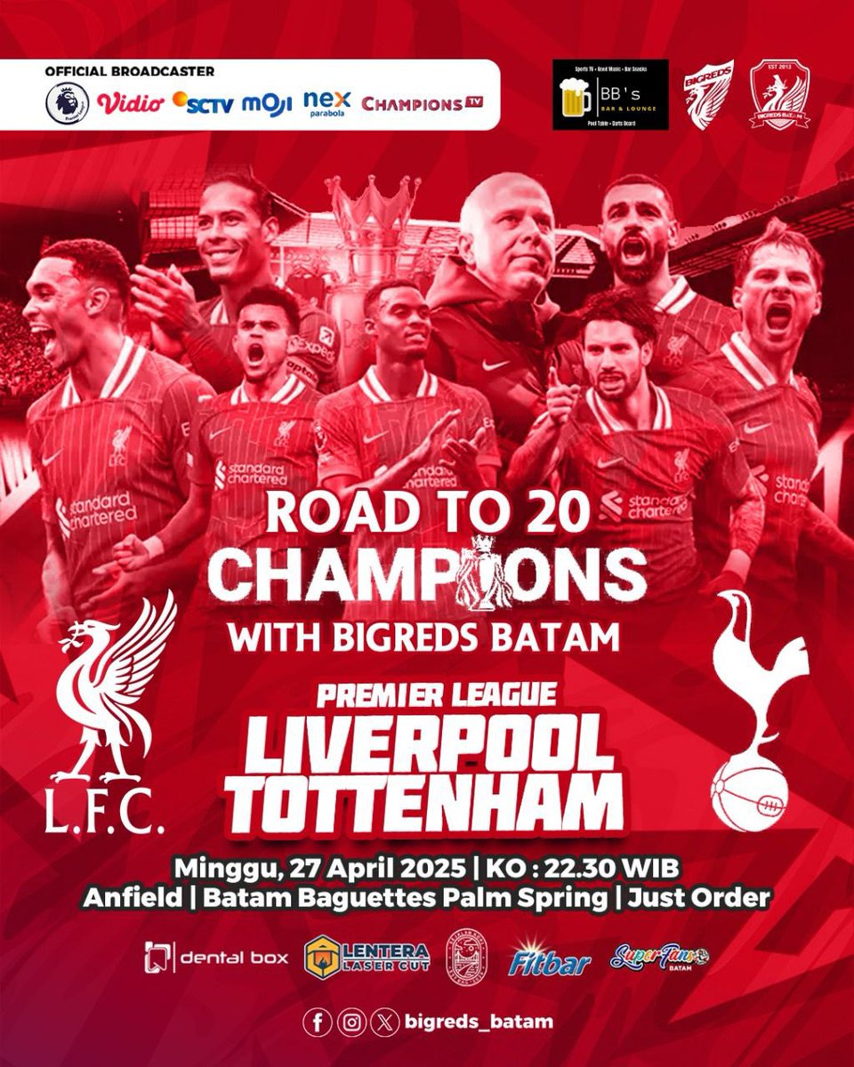 bigreds_batam's tweet photo. JOIN WITH US!
NONTON BARENG BIGREDS BATAM

Liverpool vs Tottenham
Minggu, 27 April 2025
Kick Off : 22.30 WIB
Lokasi : @batambaguettes 

KAWAL SAMPAI JUARA 🏆 

#YNWA
#anakBIGREDS
#BIGREDSBatam https://t.co/36W6bri59t