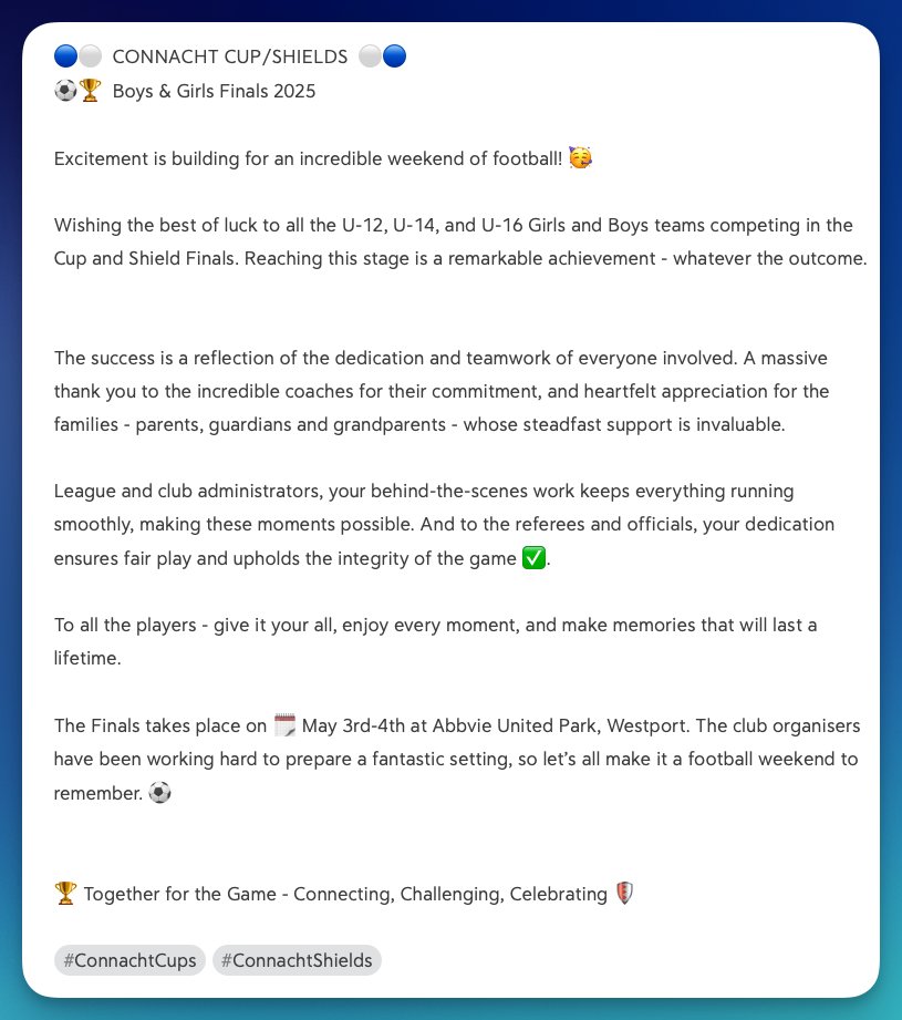 🔵⚪ Connacht Cup/Shield Finals 2025 ⚪🔵

🏆 Good luck to all U-12, U-14 &amp; U-16 teams! 

⚽ May 3-4 at Abbvie United Park, Westport. 

making memories! 🙌 

#ConnachtCups

#ConnachtShields