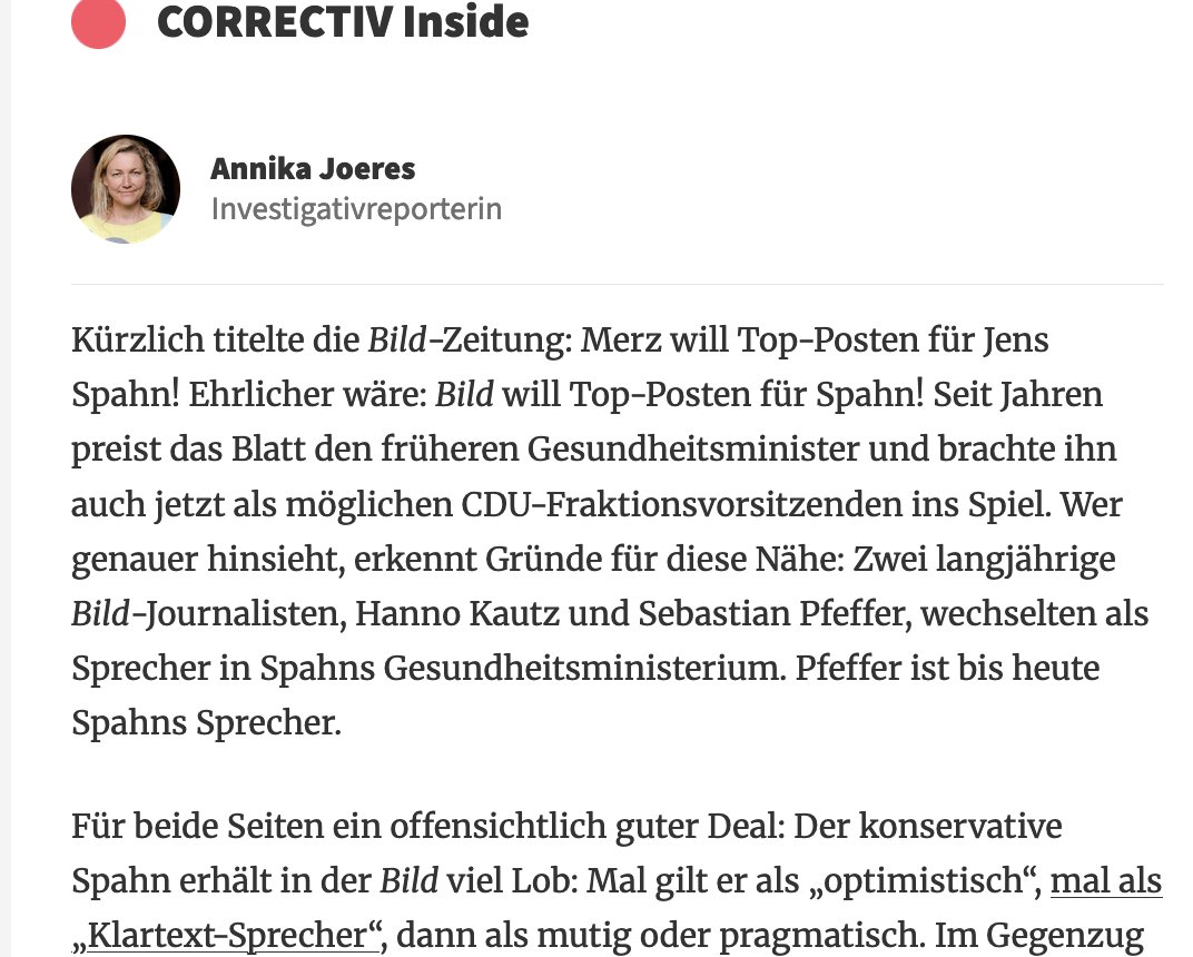Heute im <a href="/correctiv_org/">CORRECTIV</a>-Newsletter: Warum Jens Spahn, möglicher CDU-Fraktionschef, seit Jahren  von der BILD gepriesen wird: Er hat dort lauter Buddies. Zwei seiner  Sprecher kamen von BILD, mit Ex-Chef Reichelt und dem heutigen Vize-Chef  Ronzheimer ist er dicke.