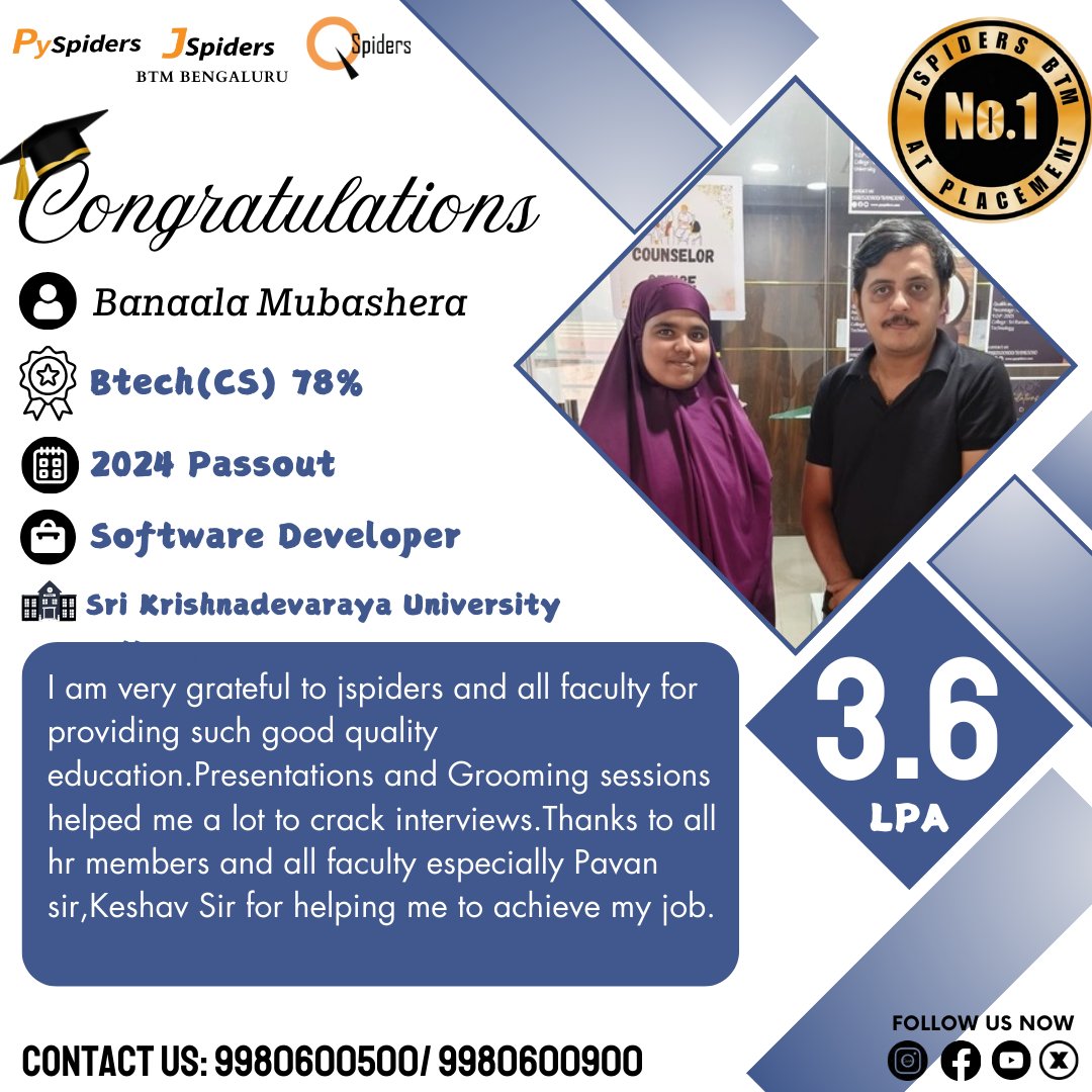 QSpiders_BTM_'s tweet image. Huge congratulations to Banaala Mubashera for landing a Software Developer role with a 3.6 LPA package! 💻 #SKUniversityCollege #JspidersSuccessStory #CodingQueen