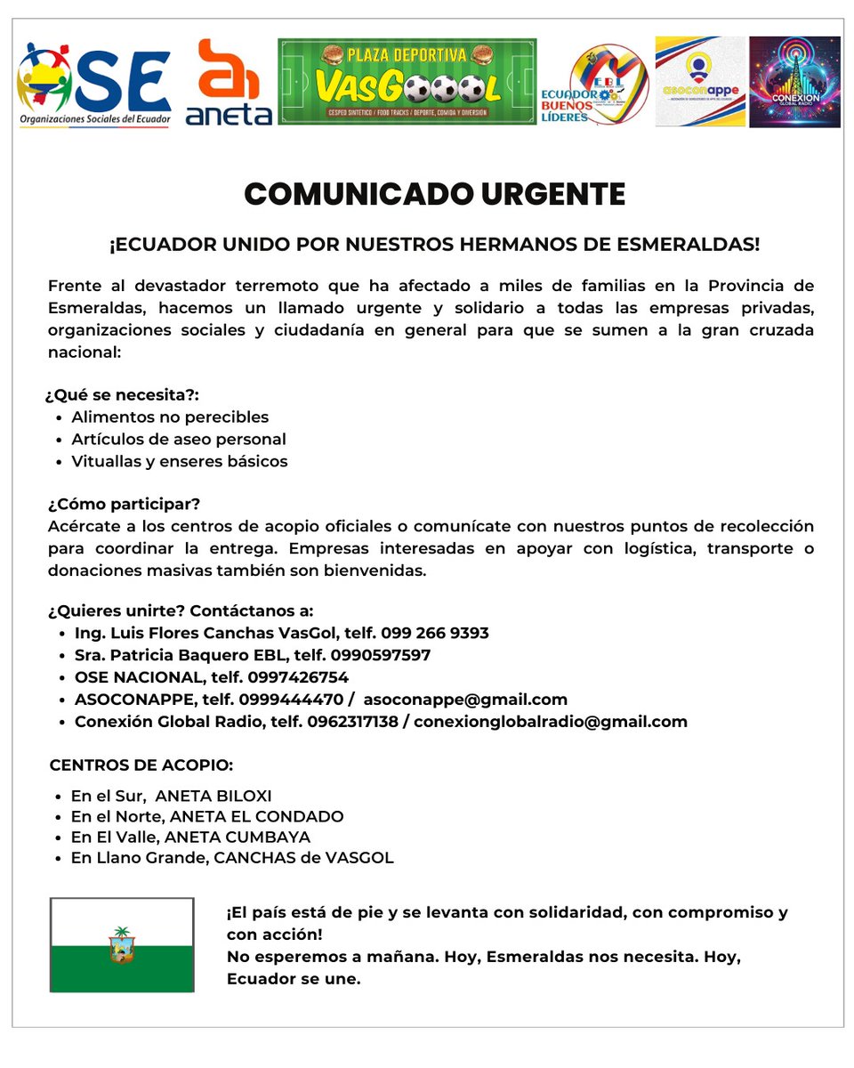 ¡#Esmeraldas nos necesita!
Únete a la campaña nacional “#Ecuador unido por nuestros hermanos afectados”.
Estamos recolectando alimentos no perecibles, artículos de aseo y vituallas para apoyar a quienes lo perdieron todo tras el terremoto.
Dona
Comparte
Actúa
#EcuadorSolidario