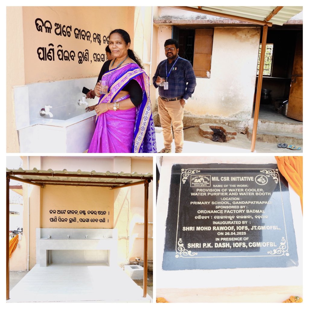 Under CSR 2023–24 of MIL, a Water Booth with Purifier &amp; Cooler was inaugurated at Gandapatrapali Primary School by Shri Mohd. Rawoof, Jt. GM/OFBL, in the presence of Shri P. K. Dash, CGM/OFBL on 26.04.2025.
<a href="/IndiaMunitions/">Munitions India Limited (MIL)</a> 
#CSR