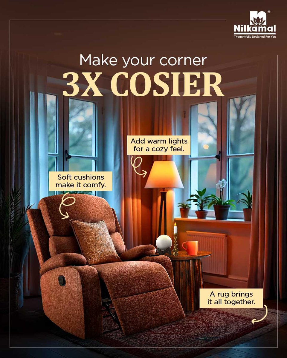 Turn any corner into your comfort zone.✨
Soft cushions, warm lights &amp; a rug -  that’s all it takes to make your space 3X cosier! 🛋️

#Nilkamal #ComfortGoals #HomeVibes #CozyCorner #NilkamalFurniture #ThoughtfullyDesignedForYou