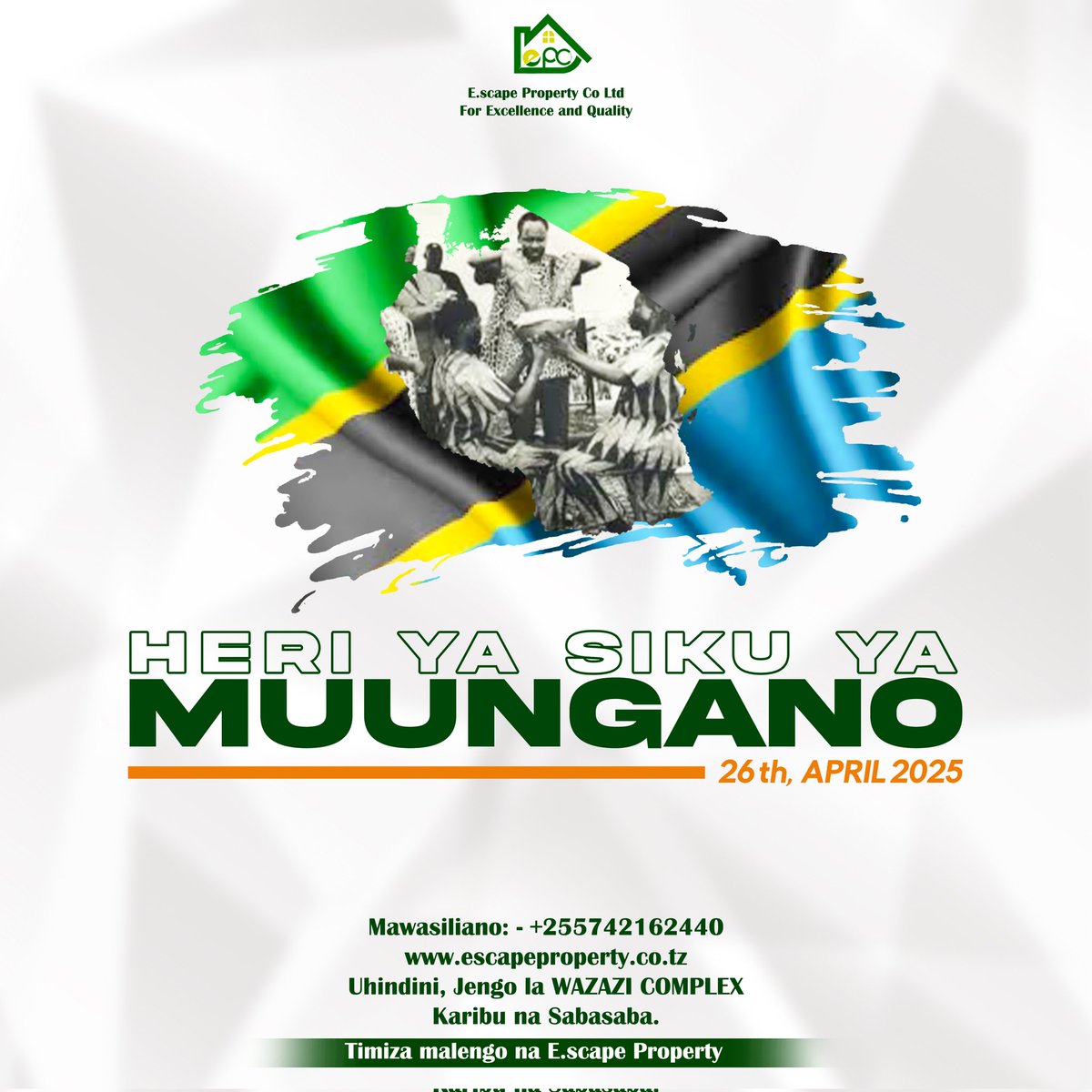 E_ScapeProperty's tweet photo. HERI YA SIKU YA MUUNGANO!
Tanganyika &amp; Zanzibar — Pamoja Daima!
E.scape Property Co. Ltd — For Excellence and Quality ✨

Ofisi Yetu:
Dodoma - Uhindini Jengo la Wazazi Complex
Wasiliana Nasi: ☎️ 0742 162 440
#MuunganoWaTanzania https://t.co/dilzD8I0Qs