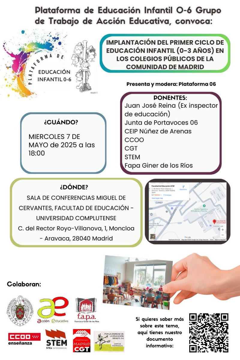 FAPA Giner Ríos (@fapa_giner_rios) on Twitter photo Conferencia sobre la implantación del primer ciclo de Educación Infantil (0-3 años) en CEIP <a href="/ComunidadMadrid/">Comunidad de Madrid</a>
👶🏼🧒🏻👶🏾👧🏼🏫
📌7 mayo 18:00h
📍Sala conferencias Miguel de Cervantes <a href="/ucm_educacion/">Facultad Educación UCM</a>
Organiza Plataforma de Educación Infantil 0-6
#LaFAPAinforma
#EducaciónInfantil Conferencia sobre la implantación del primer ciclo de Educación Infantil (0-3 años) en CEIP <a href="/ComunidadMadrid/">Comunidad de Madrid</a>
👶🏼🧒🏻👶🏾👧🏼🏫
📌7 mayo 18:00h
📍Sala conferencias Miguel de Cervantes <a href="/ucm_educacion/">Facultad Educación UCM</a>
Organiza Plataforma de Educación Infantil 0-6
#LaFAPAinforma
#EducaciónInfantil