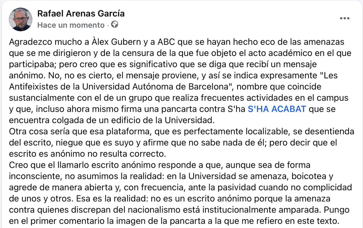 Rafael Arenas García (@rafaelarenasgar) on Twitter photo Agradezco a <a href="/alex_gubern/">Alex Gubern</a> y a <a href="/ABC_Barcelona/">ABC Barcelona</a> que se hayan hecho eco de las amenazas y censura que he sufrido (abc.es/espana/catalun…); pero hay un matiz significativo: las amenazas no son anónimas.
Y es terrible que, además, no lo sean. Aquí lo explico 👇👇 Agradezco a <a href="/alex_gubern/">Alex Gubern</a> y a <a href="/ABC_Barcelona/">ABC Barcelona</a> que se hayan hecho eco de las amenazas y censura que he sufrido (abc.es/espana/catalun…); pero hay un matiz significativo: las amenazas no son anónimas.
Y es terrible que, además, no lo sean. Aquí lo explico 👇👇