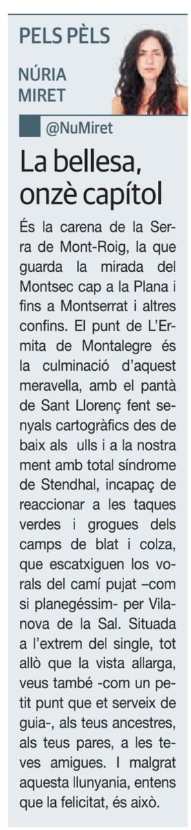 Cada divendres, la <a href="/NuMiret/">Núria Miret</a> escriu poesia en prosa sobre el paisatge de les Terres de Ponent a la sèrie "La bellesa", al diari <a href="/LaManyanacat/">La Mañana</a> 👉 lamanyana.cat/la-bellesa-onz…