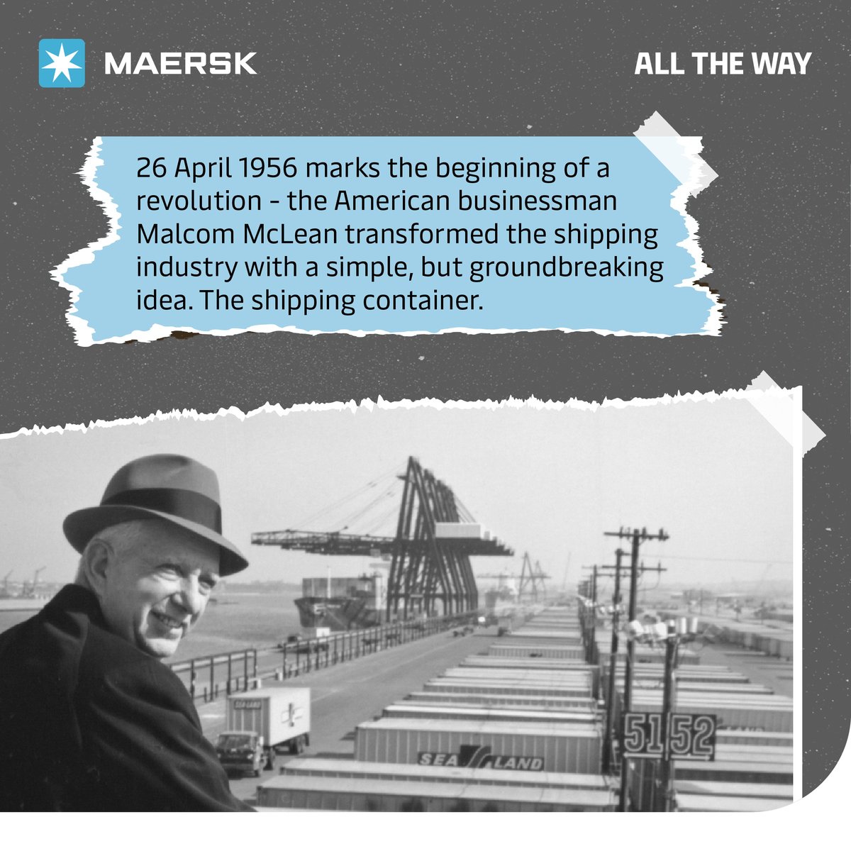 Maersk's tweet image. Today, we celebrate a revolution that reshaped #globaltrade🚢📦 On this day in 1956, Malcom McLean loaded 58 containers onto the Ideal-X , and changed global trade forever.
From that first voyage to #Maersk’s 20,000+ TEU vessels today, #containerisation keeps the world moving🌍