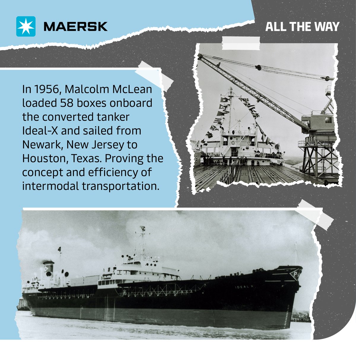Maersk's tweet image. Today, we celebrate a revolution that reshaped #globaltrade🚢📦 On this day in 1956, Malcom McLean loaded 58 containers onto the Ideal-X , and changed global trade forever.
From that first voyage to #Maersk’s 20,000+ TEU vessels today, #containerisation keeps the world moving🌍