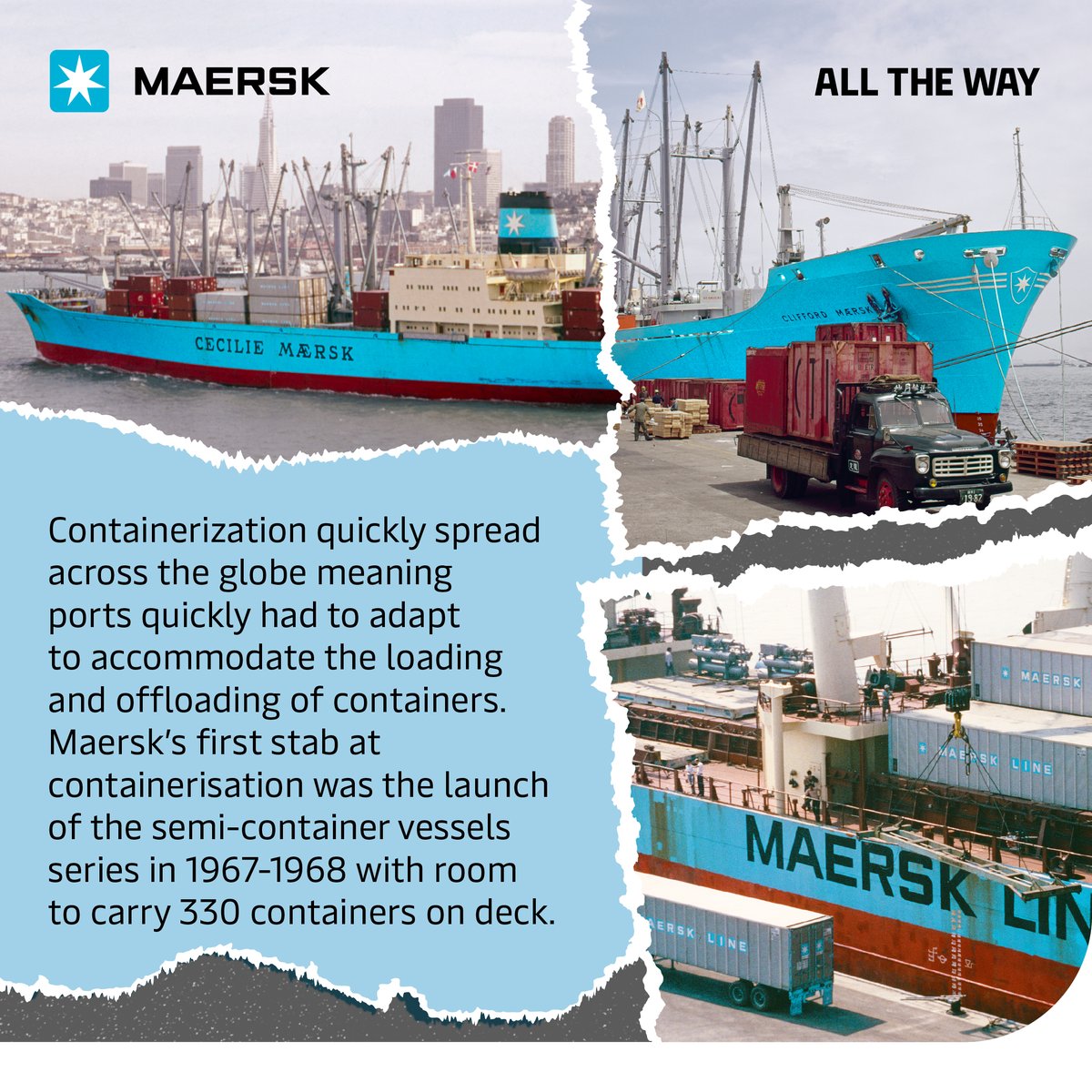 Maersk's tweet image. Today, we celebrate a revolution that reshaped #globaltrade🚢📦 On this day in 1956, Malcom McLean loaded 58 containers onto the Ideal-X , and changed global trade forever.
From that first voyage to #Maersk’s 20,000+ TEU vessels today, #containerisation keeps the world moving🌍