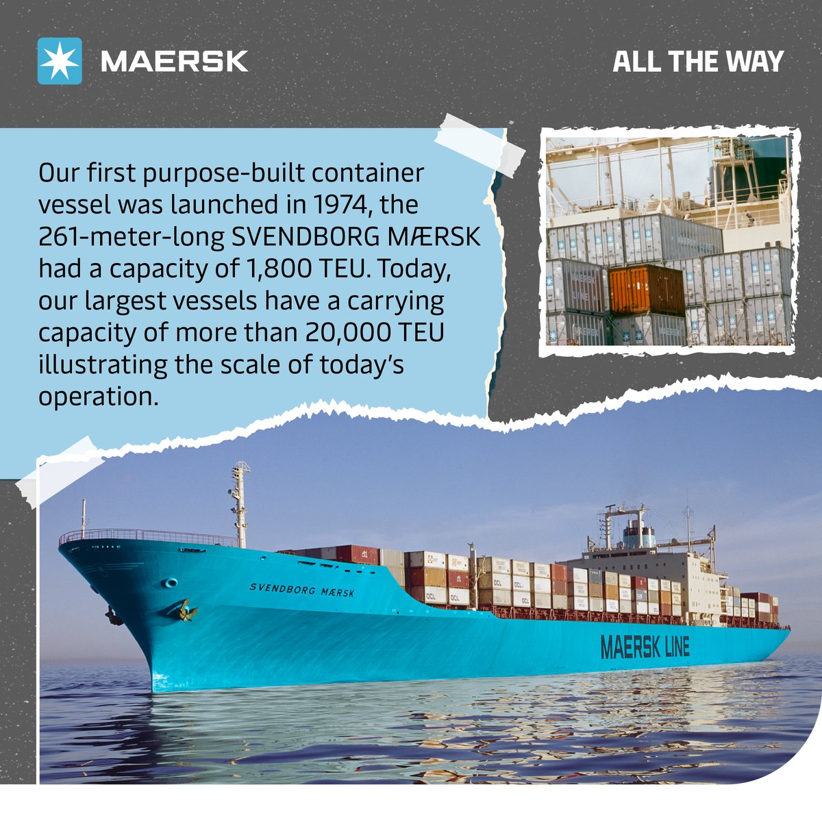 Maersk's tweet image. Today, we celebrate a revolution that reshaped #globaltrade🚢📦 On this day in 1956, Malcom McLean loaded 58 containers onto the Ideal-X , and changed global trade forever.
From that first voyage to #Maersk’s 20,000+ TEU vessels today, #containerisation keeps the world moving🌍