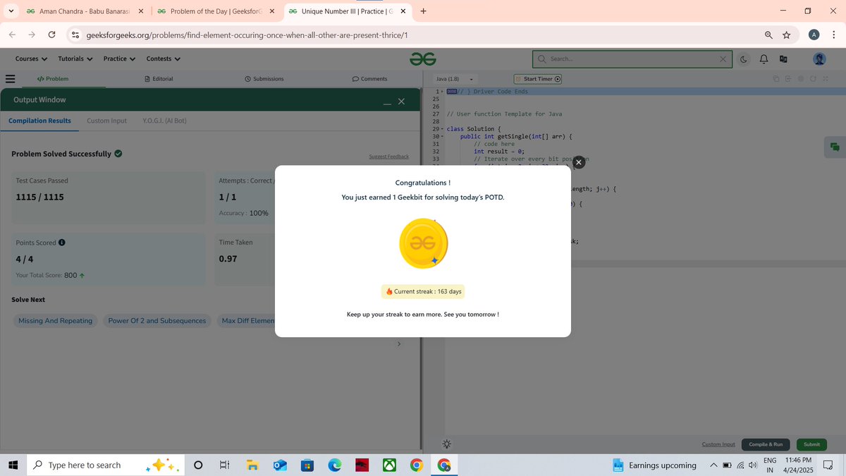 amanchandra___'s tweet photo. 🎯 @geeksforgeeks 160 Days of Problem Solving Challenge
✅ Day 157 of the #gfg160 challenge completed!

Problem of the Day : Unique Number III

#gfg160 #geekstreak2024 #problemsolving #codingchallenge #potd #gfg #geeksforgeeks #codingstreak #DSA https://t.co/SzxVrEBj8f