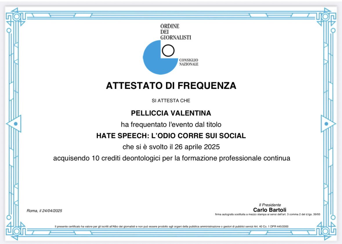 Parte 2

Grazie all’<a href="/ODG_CNOG/">Ordine Nazionale dei Giornalisti</a> per i corsi deontologici: aggiornamento normativo, tecnico ed etico al servizio di un’informazione responsabile.
Un grazie speciale al Presidente Carlo Bartoli.
<a href="/carlo_bartoli/">Carlo Bartoli</a>