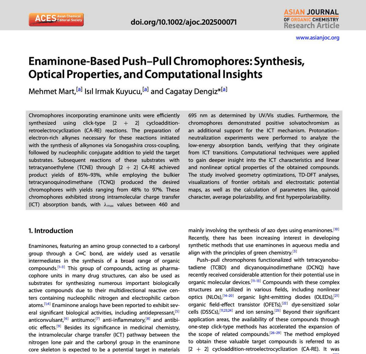 çağatay dengiz (@cdengizd) on Twitter photo Our latest work, where we merge Enaminones, key building blocks in drug development, with material science, is now published in the Asian Journal of Organic Chemistry. Congrats to <a href="/chem_kim/">Mehmet MART</a> and Işıl Irmak Kuyucu for their great contributions to this work! doi.org/10.1002/ajoc.2… Our latest work, where we merge Enaminones, key building blocks in drug development, with material science, is now published in the Asian Journal of Organic Chemistry. Congrats to <a href="/chem_kim/">Mehmet MART</a> and Işıl Irmak Kuyucu for their great contributions to this work! doi.org/10.1002/ajoc.2…