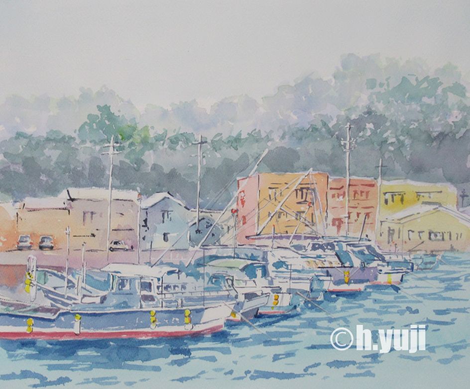 水彩画 石狩の港町 風景画