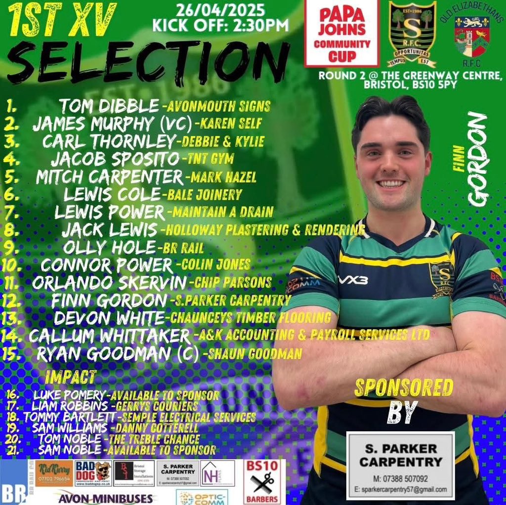 Here is our squad for today’s Papa John's cup game against Old E’s.

Best of luck to the team and all involved 

Please come and support 

Also, Bristol Bears v Northampton on the Big screen after 

COTM 🔵🟢🏉🏆
