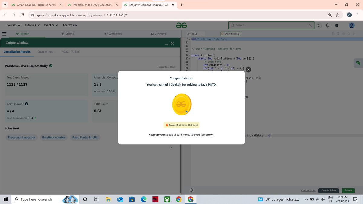 amanchandra___'s tweet photo. 🎯 @geeksforgeeks 160 Days of Problem Solving Challenge
✅ Day 158 of the #gfg160 challenge completed!

Problem of the Day : Majority Element

#gfg160 #geekstreak2024 #problemsolving #codingchallenge #potd #gfg #geeksforgeeks #codingstreak #DSA https://t.co/8RDX5u7XIy