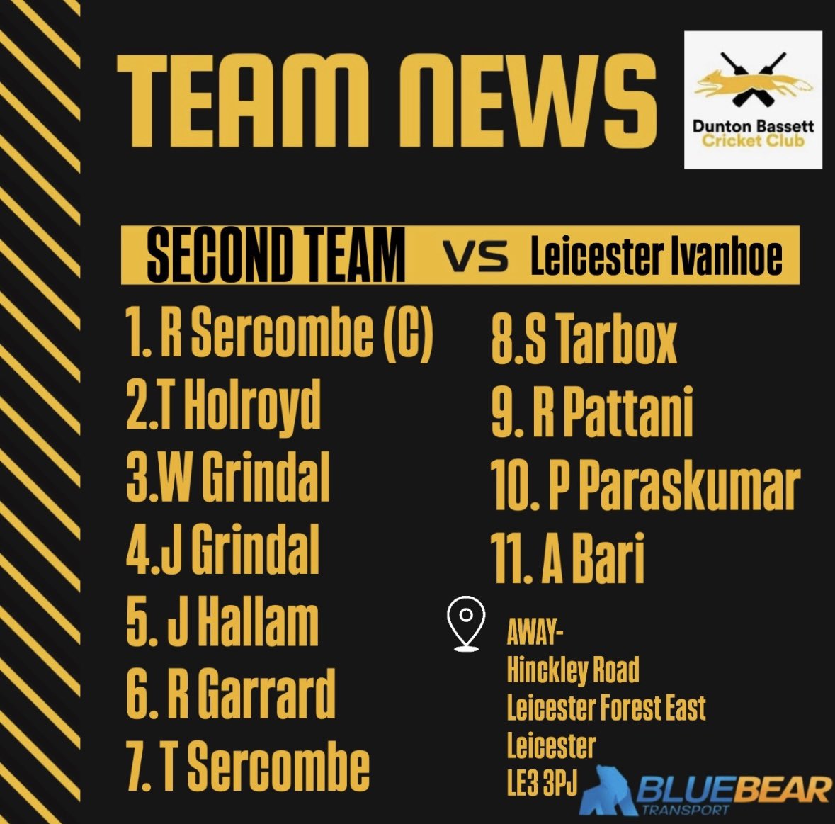 Dunton Bassett CC (@duntonbcc) on Twitter photo Here we go sports fans ⚫️🟡
After a mixed week for our sides here’s how our sides line up this weekend.
The 1st XI host <a href="/WhetstoneCC/">Whetstone CC</a> while the 2nd XI travel to <a href="/IvanhoeCC/">Leicester Ivanhoe</a> 🏏
#DBCC
#UpTheBassett Here we go sports fans ⚫️🟡
After a mixed week for our sides here’s how our sides line up this weekend.
The 1st XI host <a href="/WhetstoneCC/">Whetstone CC</a> while the 2nd XI travel to <a href="/IvanhoeCC/">Leicester Ivanhoe</a> 🏏
#DBCC
#UpTheBassett